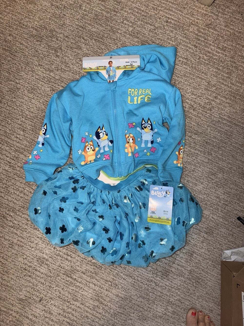 3T Bluey & Bingo Girls 3pc Outfit Set Hoodie Jacket T-Shirt Tulle Skirt Clothes